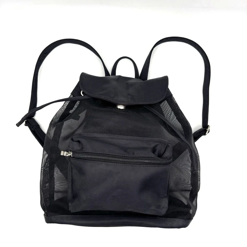 Vintage 00s Y2K EXPRESS Black Nylon See-through Mesh Drawstring Backpack 13x11
